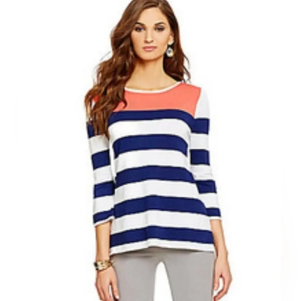 NWT Investments Striped Navy/White/ Melon Lightweight Sweater  sz XL (14?) #845